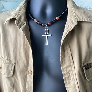 Men's Black Agate Egyptian Ankh Necklace